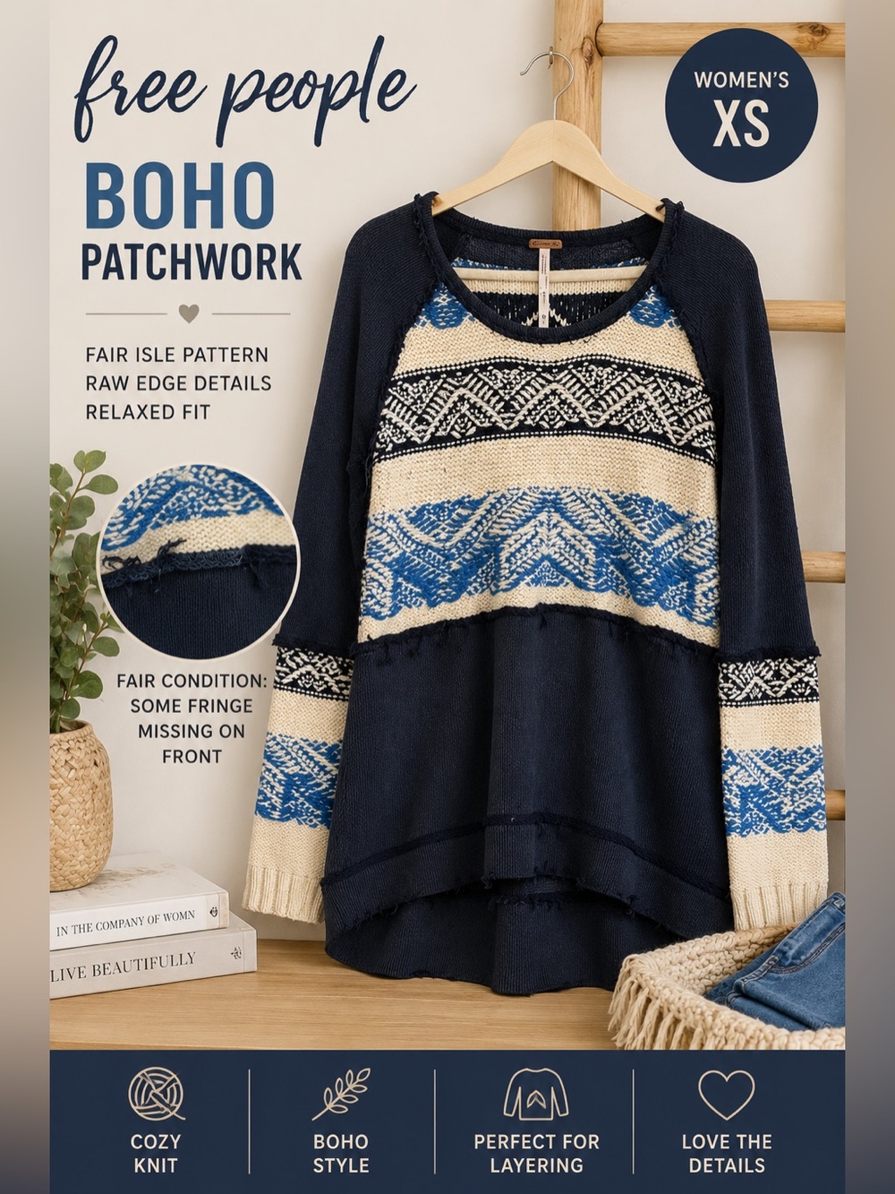 Free People Boho Fair Isle Patchwork Sweater XS Blue Cream Raw Edge